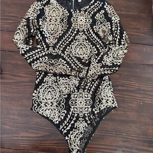 Elegant Black and Gold Embroidered Bodysuit